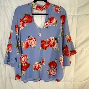 Peppermint Blue Floral Bell Sleeve Cutout Choker Neck Blouse Top Size S